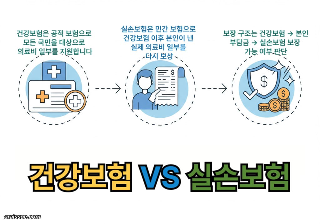 건강보험으로 의료비 일부가 지원된 후, 남은 본인 부담금을 실손보험에서 보상할 수 있는 구조입니다. 이 흐름을 이해하면 중복 보장 여부를 쉽게 판단할 수 있어요.
