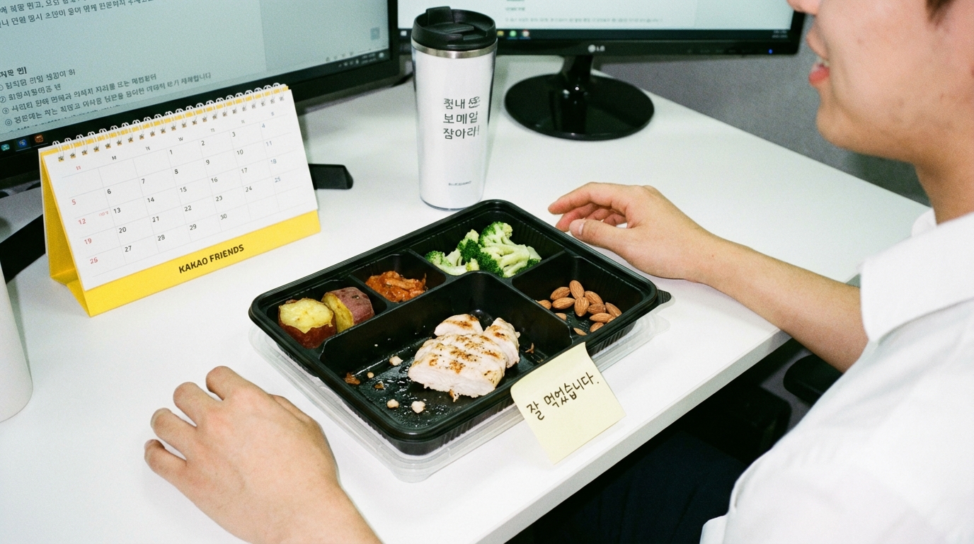 고구마, 닭가슴살, 아몬드로 구성된 든든한 평일 다이어트 도시락으로 포만감을 유지하는 직장인
