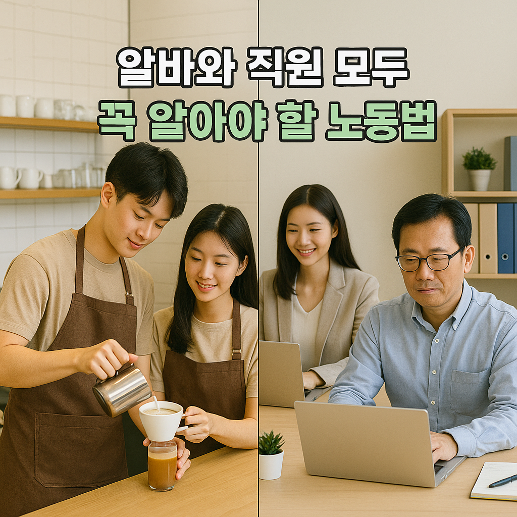 카페와 사무실에서 알바와 직원이 함께 근무하는 장면