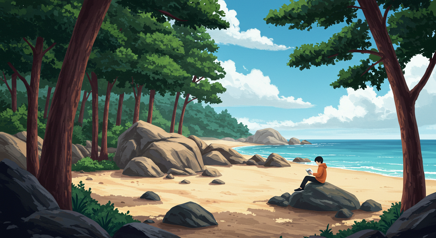 몰운대 숲과 바위 위에서 고요히 책 읽는 장면