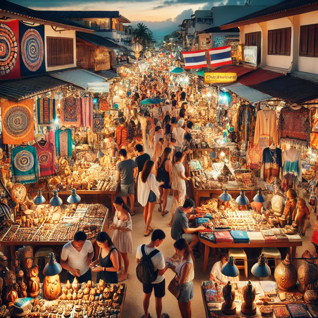 푸켓 야시장에서 다양한 기념품과 쇼핑 아이템을 구경하는 모습
