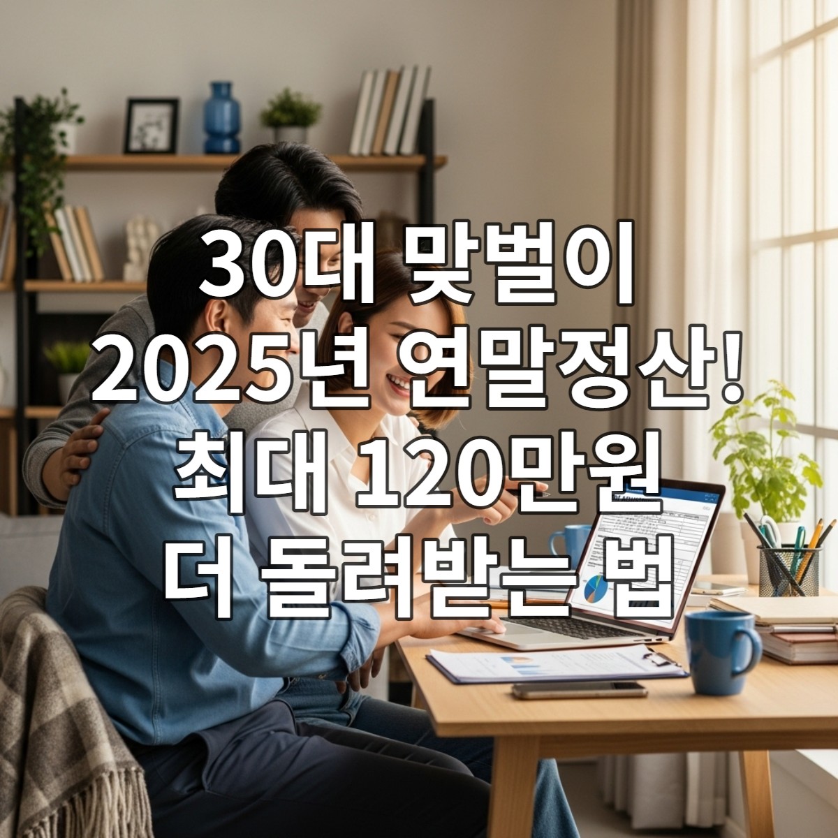 2025년 연말정산 서류를 검토하며 환하게 웃고 있는 30대 맞벌이 부부