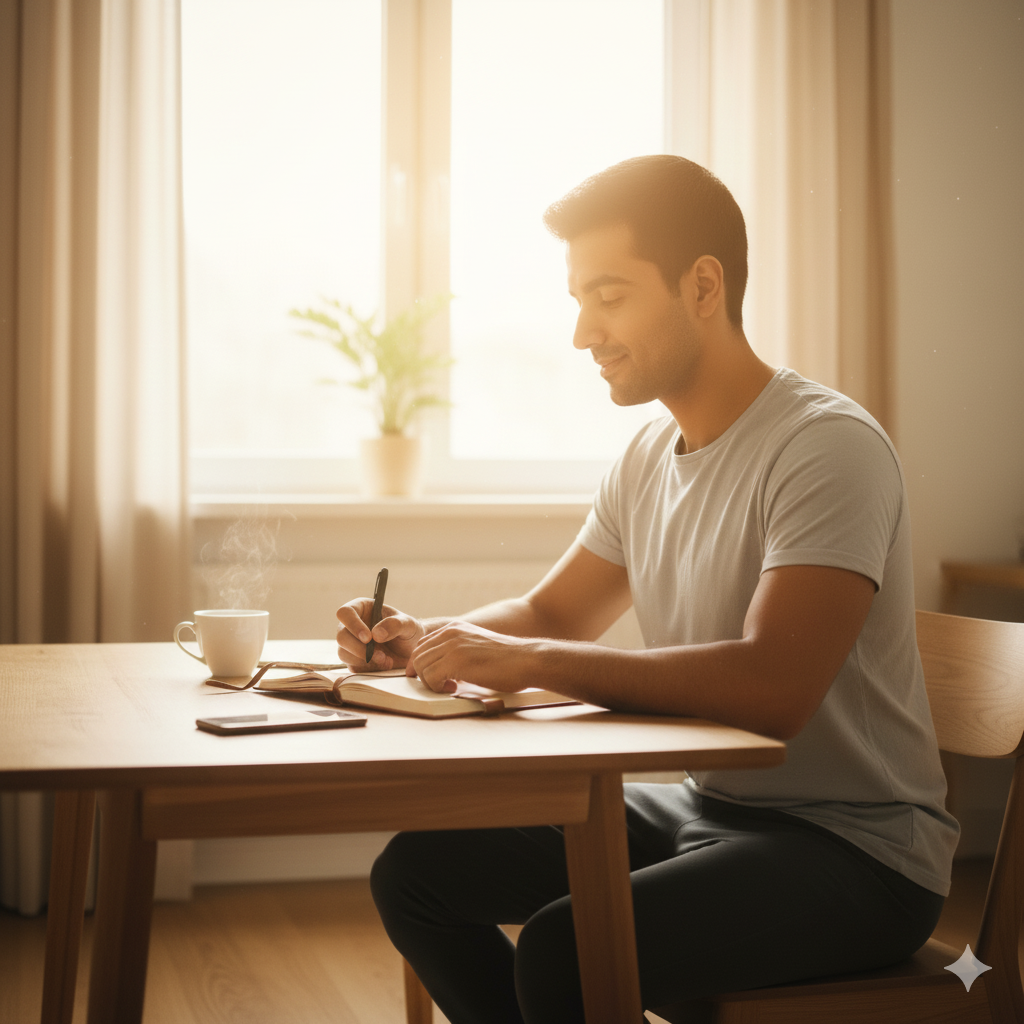 햇살이 비치는 창가에서 차분히 일기를 쓰며 슬로우라이프를 실천하는 사람의 모습 (이미지 생성:google)