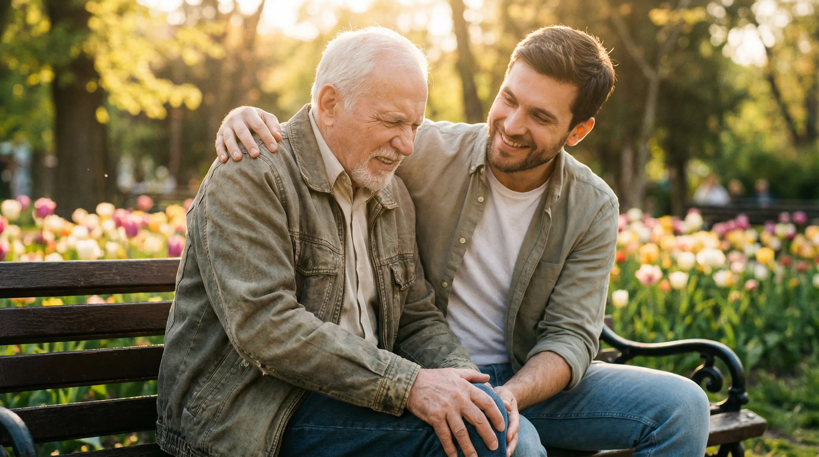 무릎 통증으로 힘들어하는 어르신을 부축하며 위로하는 자녀의 모습, 따뜻하고 희망적인 분위기