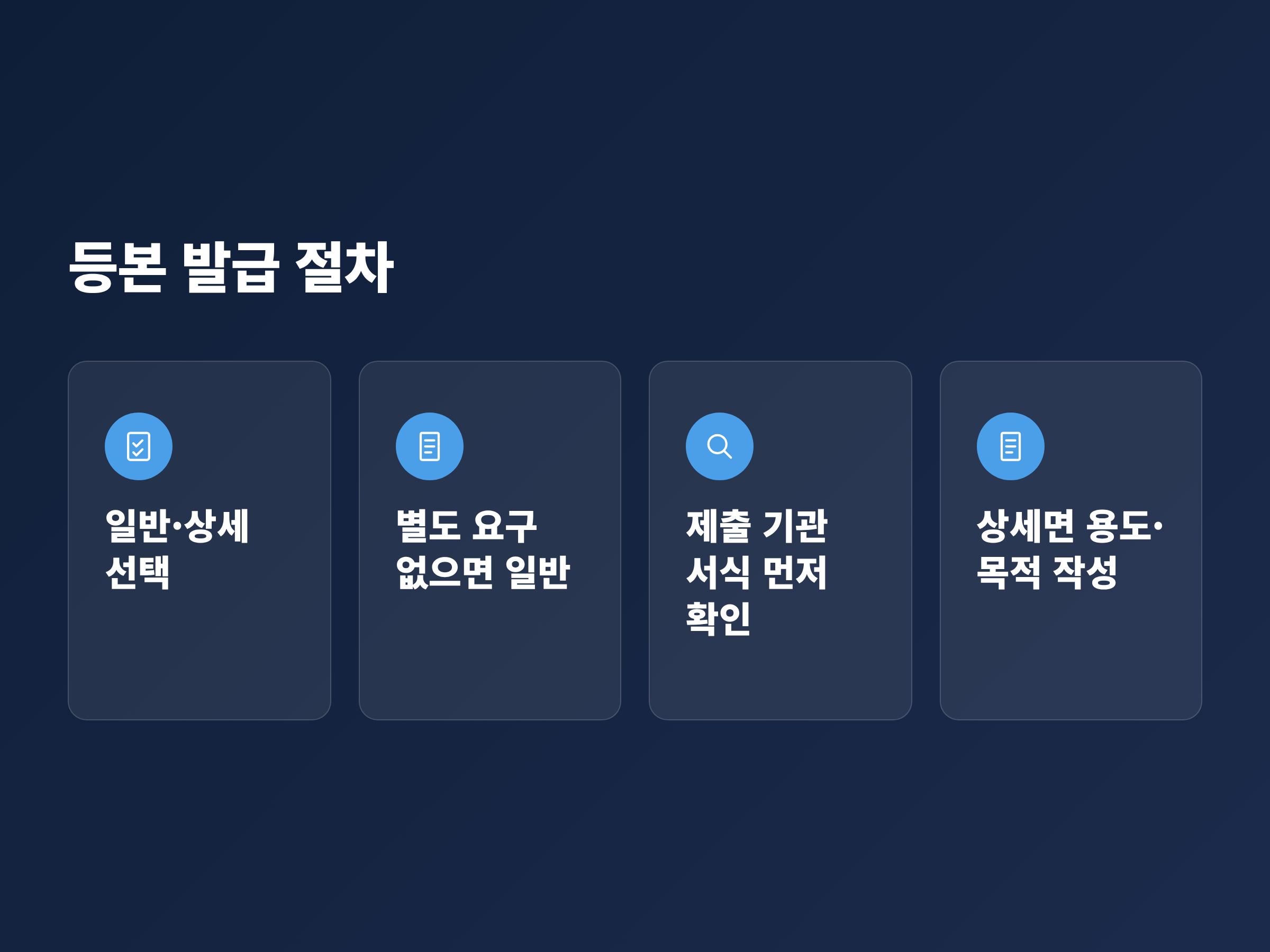등본 발급 시 일반과 상세 중 하나를 고르고 상세라면 용도와 목적을 적는 4단계 흐름
