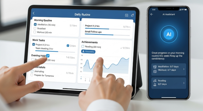 태블릿에 기록된 루틴 일지와 스마트폰의 챗GPT 피드백을 통해 자기계발을 관리하는 모습.