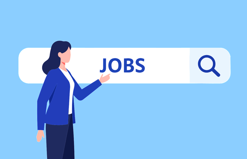 파란색 쟈킷과 검정 바지를 입은 여성이 한 손으로 JOBS 글자를 가리킨다.