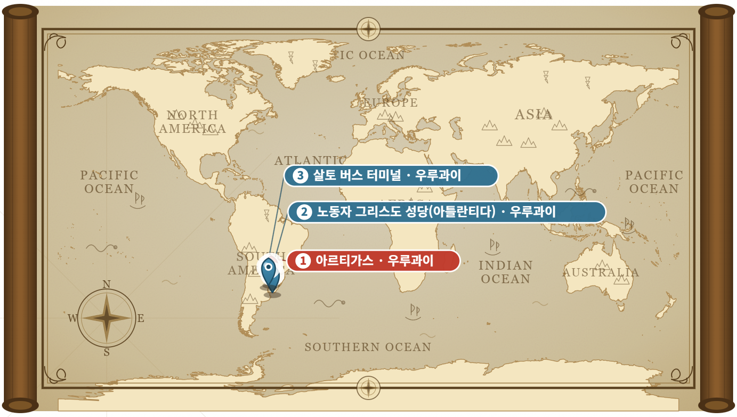 에라디오 디에스테의 고향과 대표작 위치를 표시한 항해지도