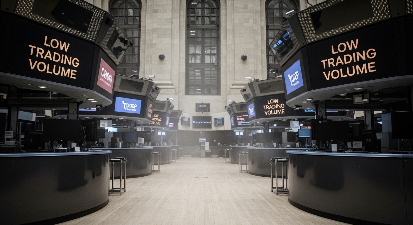 Desolate image of an empty stock exchange floor with dust blowing and a 'Low Trading Volume' warning sign.