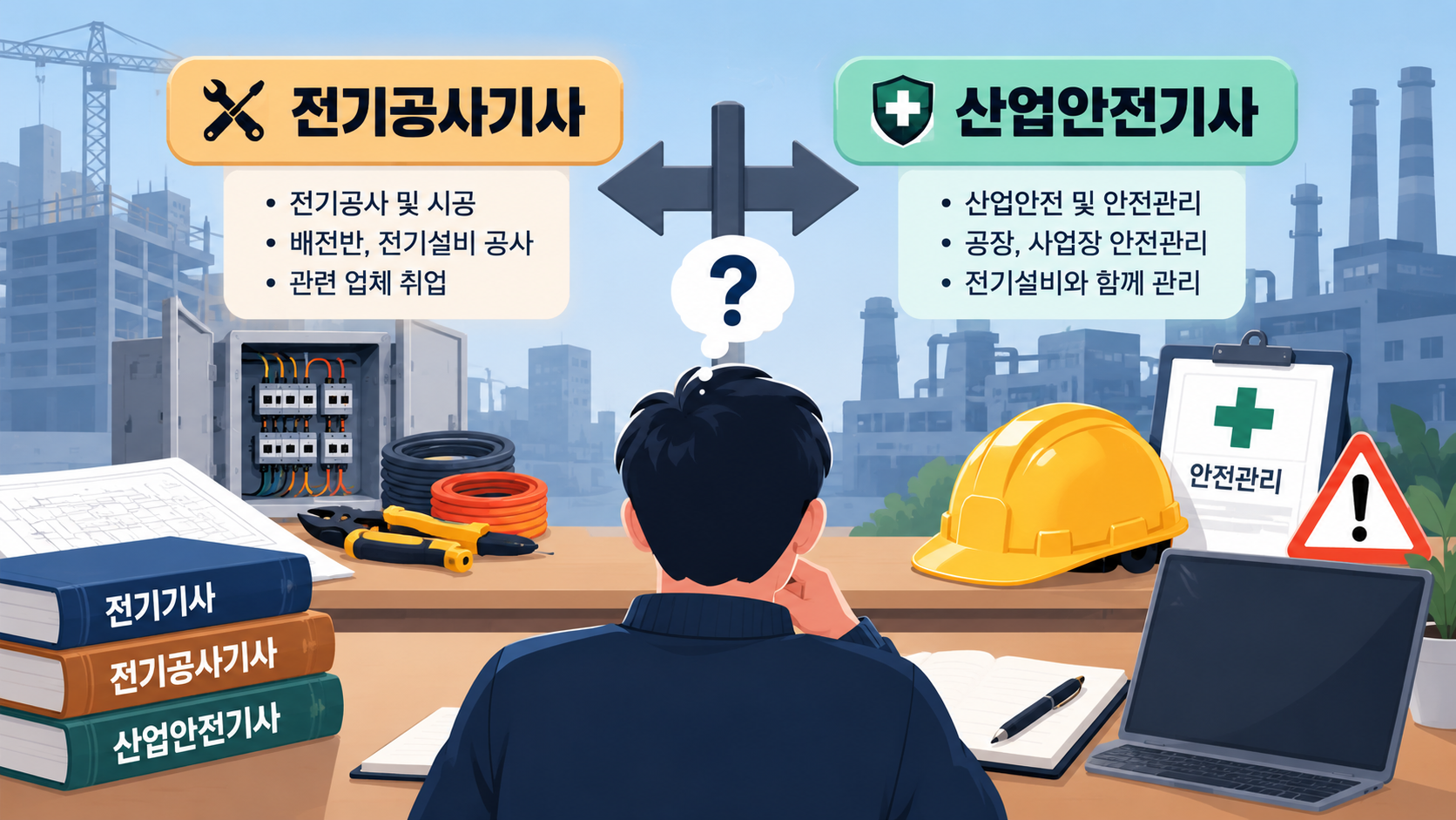 전기기사 취득 후 전기공사기사와 산업안전기사 중 추가 자격증을 고민하는 모습을 보여주는 일러스트