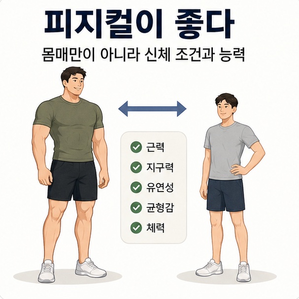 피지컬이 좋다는 말이 단순히 몸매가 아니라 체격과 신체 능력을 함께 의미할 수 있음을 설명한 이미지