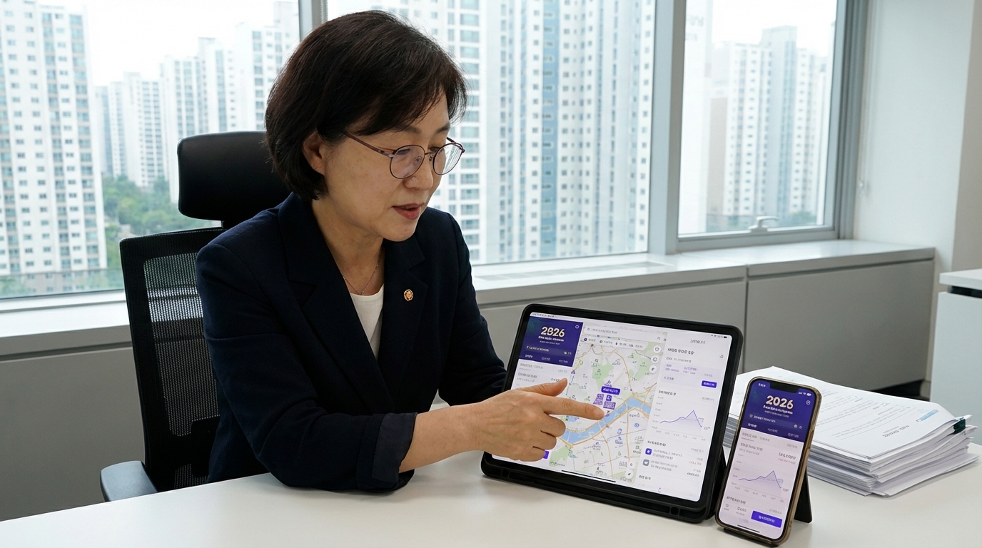 2026년 최신 부동산 어플 추천 리스트를 활용하여 서울 아파트 실거래가와 매물 정보를 분석하는 한국인 전문가의 모습