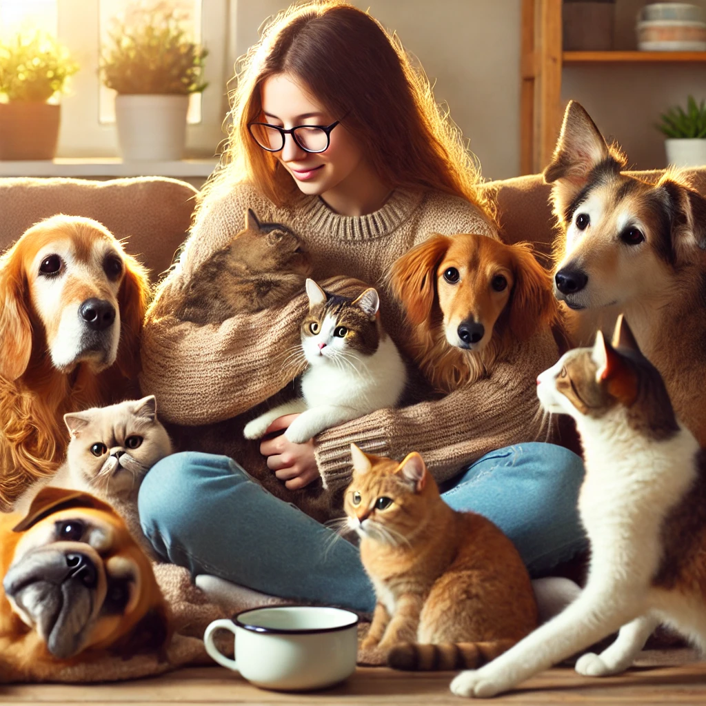 여자가 고양이 강아지들에게 둘러싸여 있는 모습