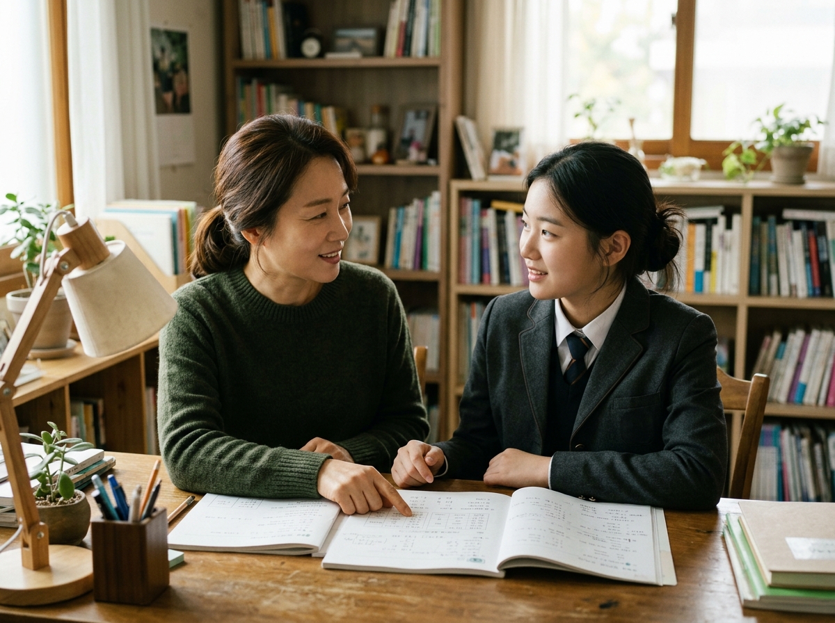 학부모와 학생이 함께 국어 학습 계획을 논의하는 모습
