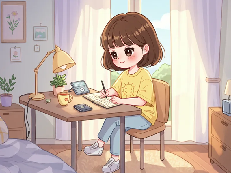 작은 책상에 앉아 감정 일기를 쓰는 귀여운 캐릭터 일러스트, 차 한 잔과 식물 등 평온한 소품들 배치
