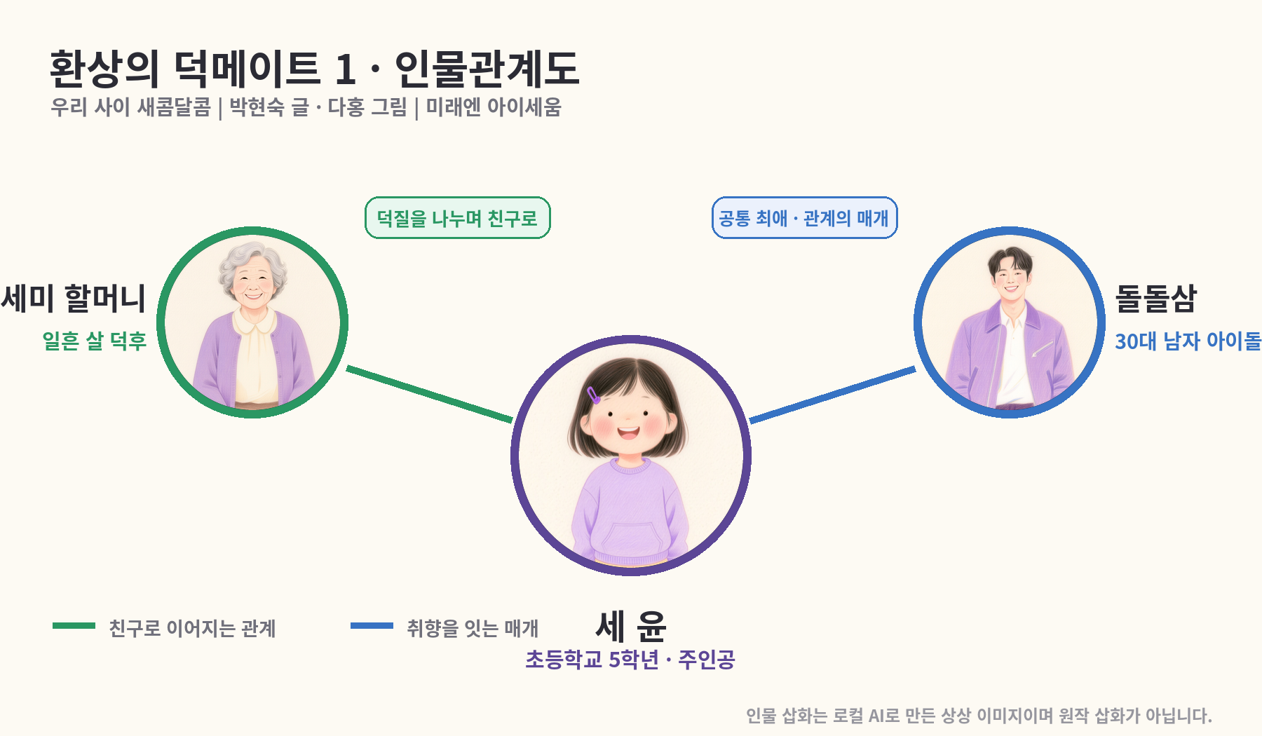 환상의 덕메이트 1 우리 사이 새콤달콤 인물관계도 - 세윤을 중심으로 세미 할머니와 돌돌삼의 관계를 정리한 그림