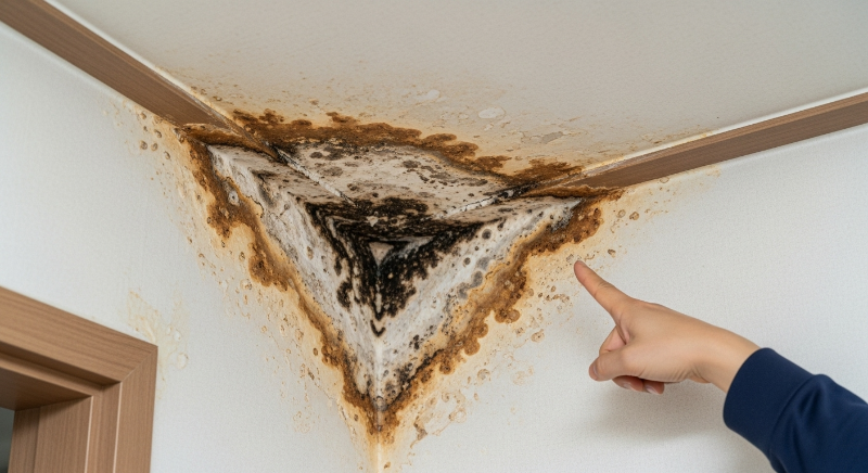 벽지에 심하게 핀 곰팡이와 누수 자국을 가리키는 손