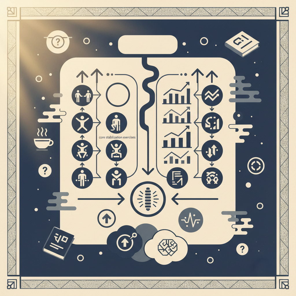 体幹安定化エクササイズの臨床介入データに関する統計・生理メカニズム・対策を示す政策リポート用インフォグラフィック