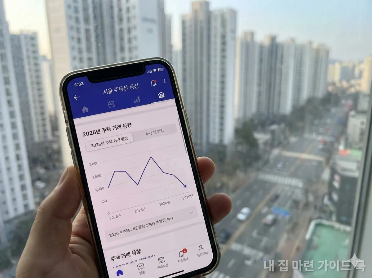 스마트폰으로 2026년 부동산 거래 동향 그래프를 확인하는 모습과 서울 아파트 배경