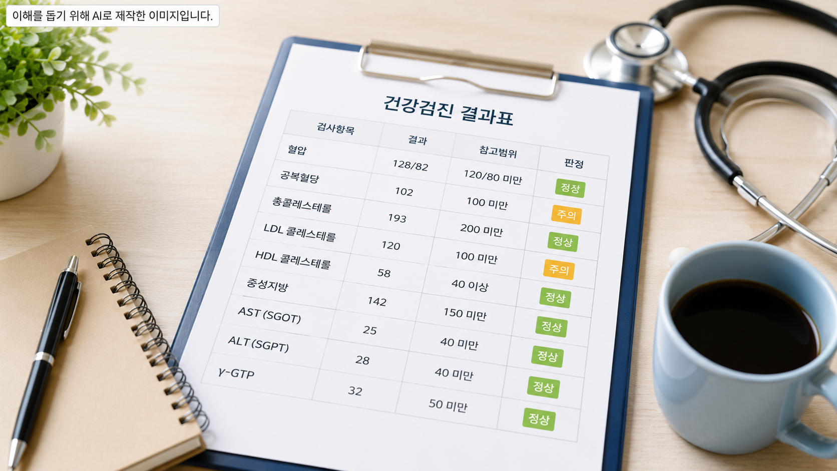 건강검진 결과지, 검사수치 해석, 정상 주의 판정, 질환의심, 건강검진 결과