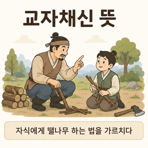 아버지가 자식에게 땔나무 하는 방법을 알려주는 모습을 통해 교자채신 뜻을 설명한 대표 이미지