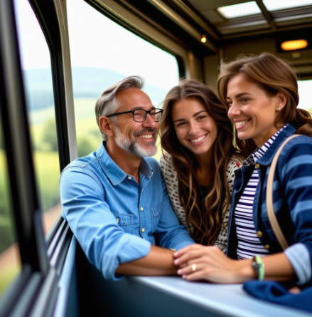 기차여행을 하는 행복한 가족의 모습