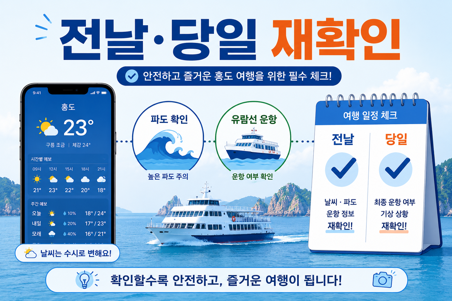 홍도 유람선 결항에 대비해 출발 전날과 당일 날씨와 운항 여부를 확인하는 이미지