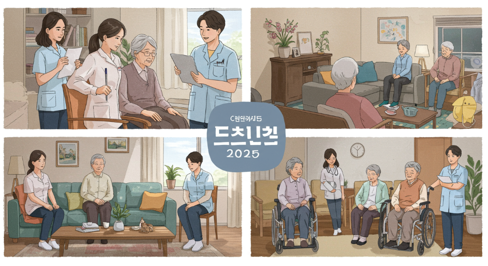2025년 요양보호사들이 가정과 요양시설에서 다양한 연령대의 어르신들을 돌보는 모습을 담은 이미지. 전문성과 따뜻함이 느껴지는 장면.