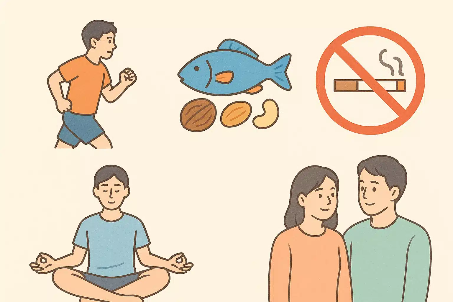 건강한 생활 습관, 달리기(유산소 운동), 생선·견과류(오메가3), 금연 아이콘, 명상하는 사람, 파트너와 함께 있는 커플