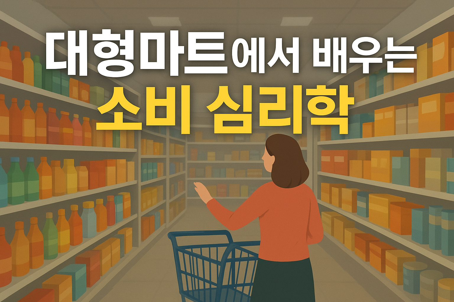 대형마트 진열대 앞에서 쇼핑 카트를 밀며 상품을 고르는 소비자 모습. 소비 심리와 마케팅 전략을 시각적으로 표현한 이미지.
