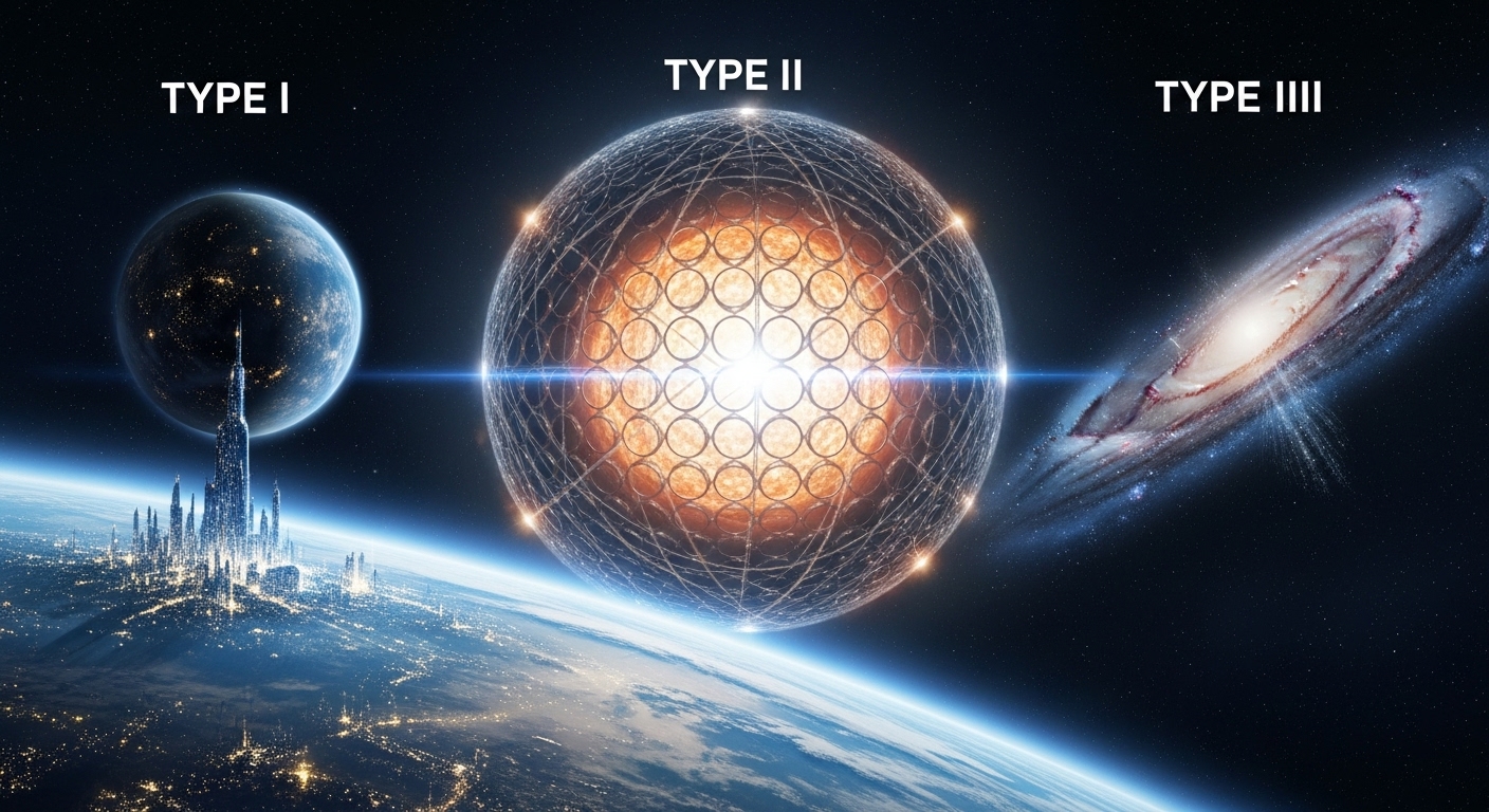 A futuristic and awe-inspiring digital painting depicting the three stages of the Kardashev scale.