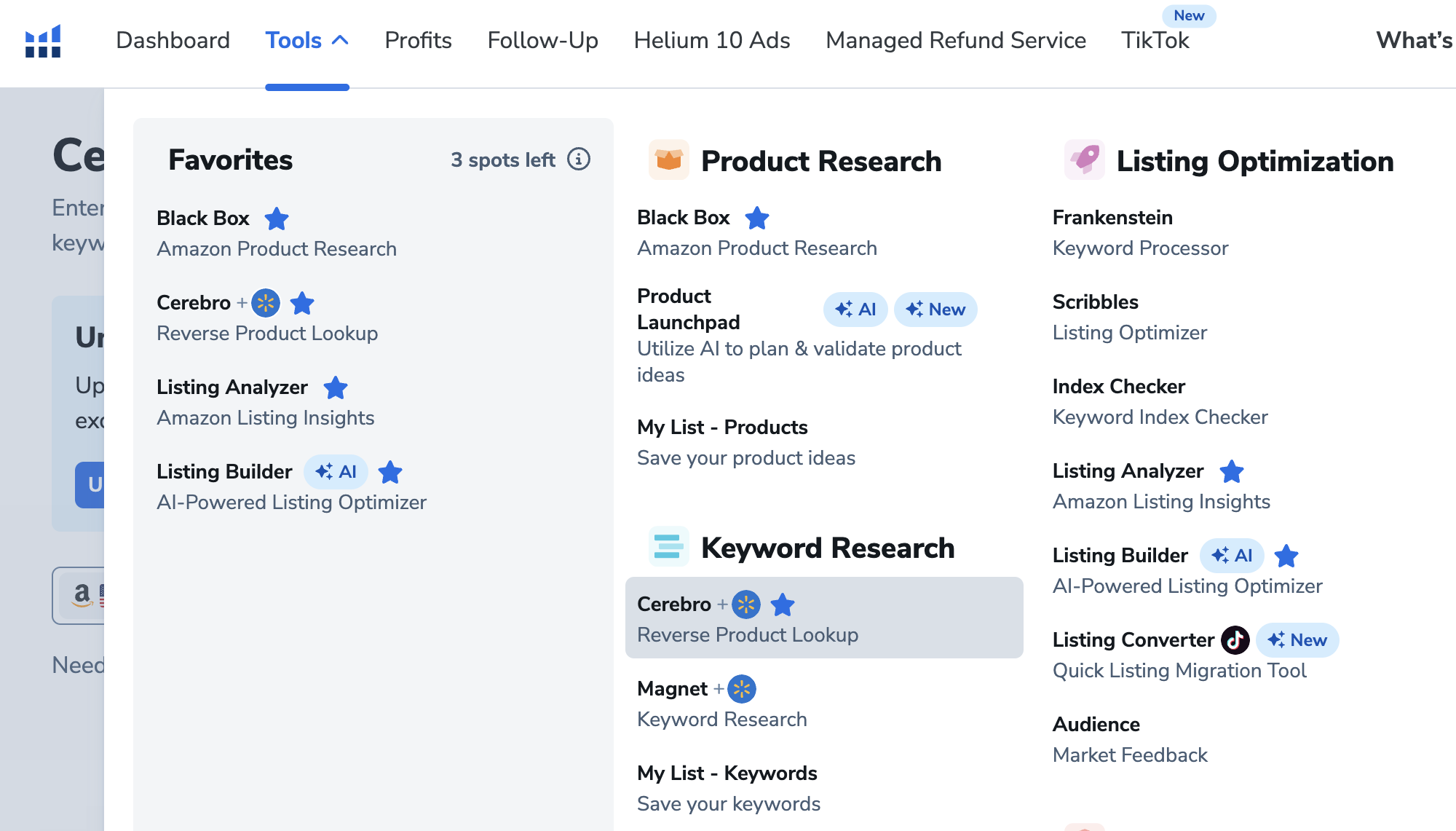 Helium10 대시보드 → Cerebro 이동