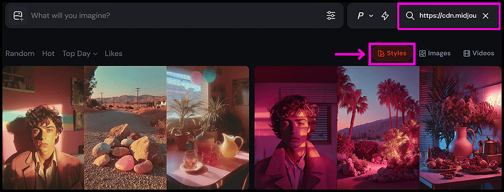 미드저니 Style Explorer, 이미지 URL을 검색한 후 유사 스타일 썸네일과 스타일 코드를 보여주는 결과 화면_Midjourney