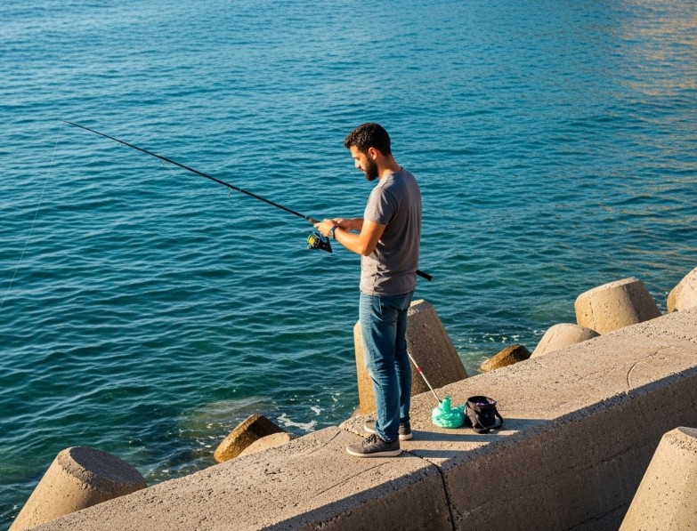 방파제에서 낚시하는 사진