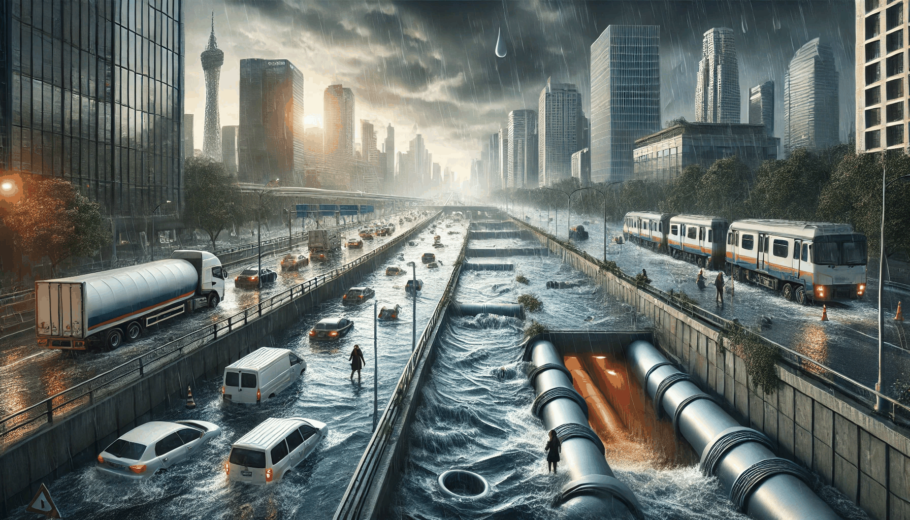 도시 홍수와 배수 시스템의 한계를 보여주는 실사 이미지