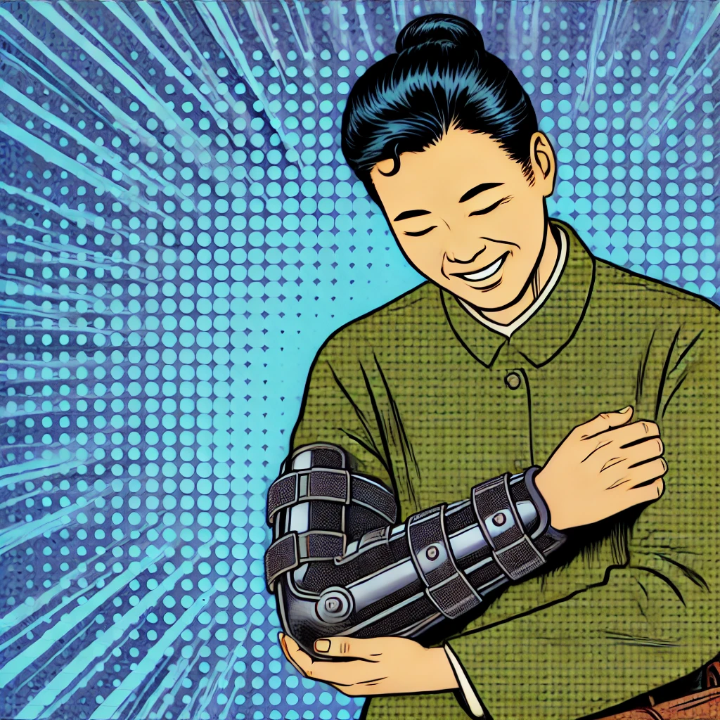 엘보 보호대를 착용하고 미소를 짓는 여성