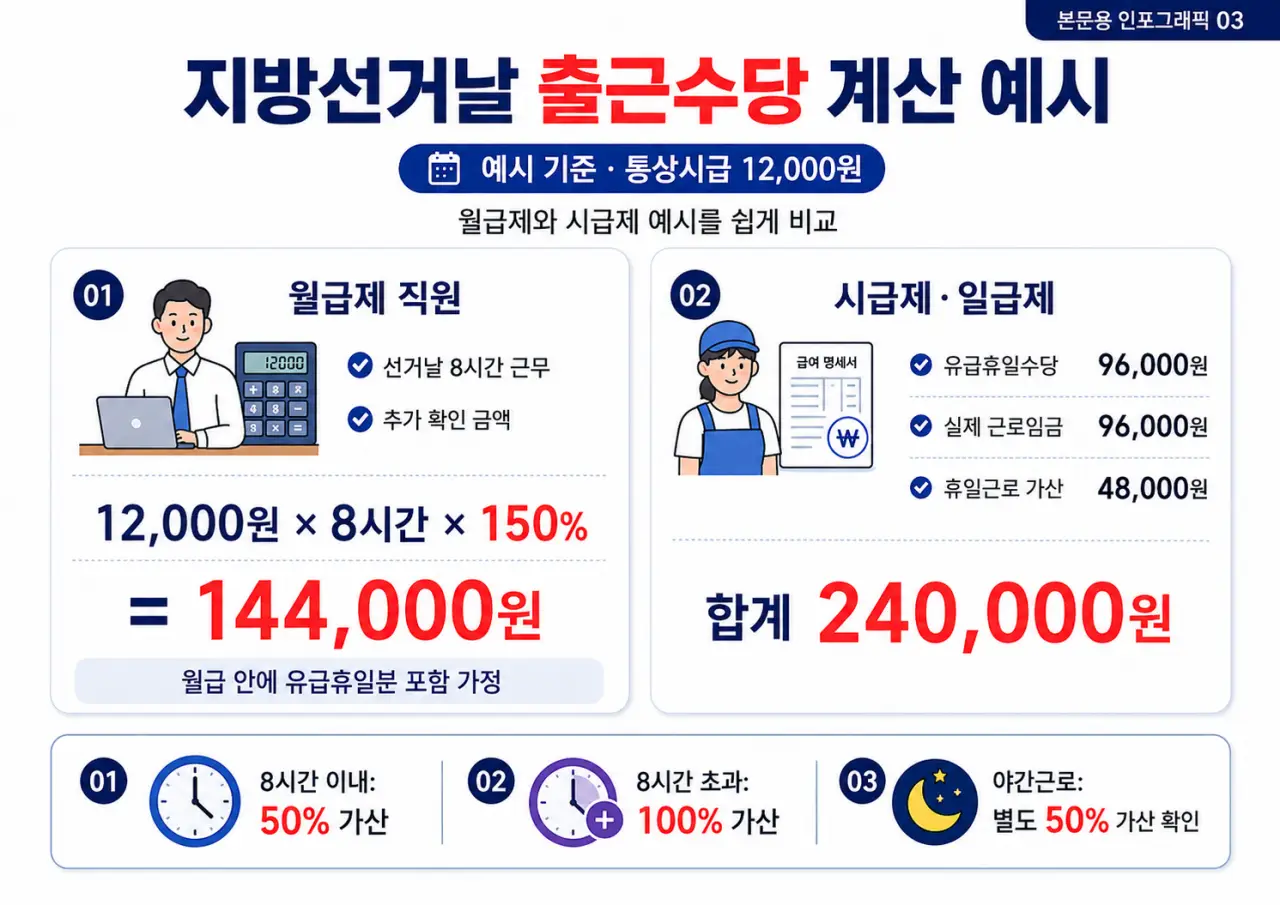 지방선거날 출근수당 계산 예시 월급제 시급제 휴일근로수당 비교 인포그래픽