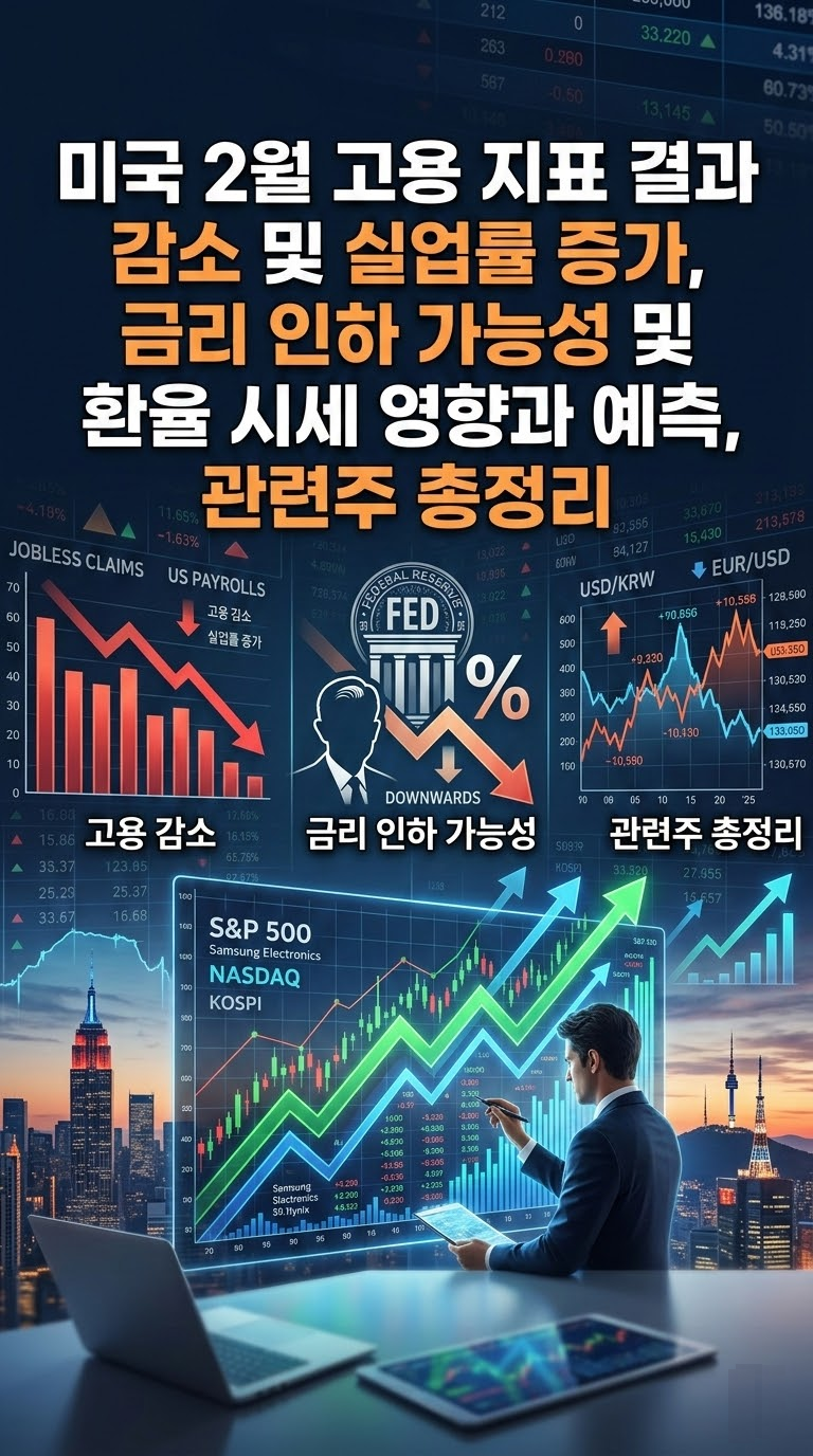 미국 2월 고용 지표 결과 감소 및 실업률 증가, 금리 인하 가능성 및 환율 시세 영향과 예측, 관련주 총정리