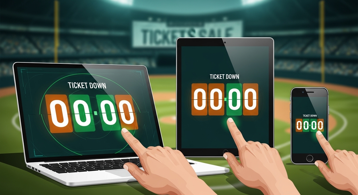 한국시리즈 예매를 위해 여러 디지털 기기가 카운트다운 타이머를 보여주며 준비된 손들이 클릭을 기다리는 모습.