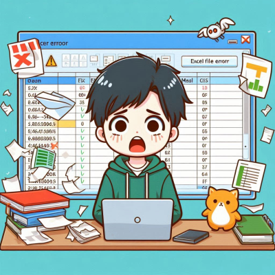 엑셀 파일 오류 메시지가 화면에 나타난 컴퓨터 화면과 혼란스러운 표정을 짓고 있는 캐릭터를 보여주는 이미지입니다.