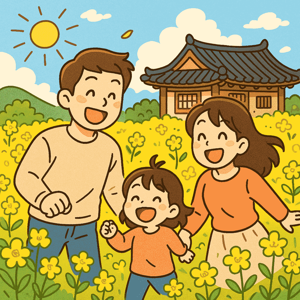 유채꽃을 보며 행복하게 웃고 있는 그림