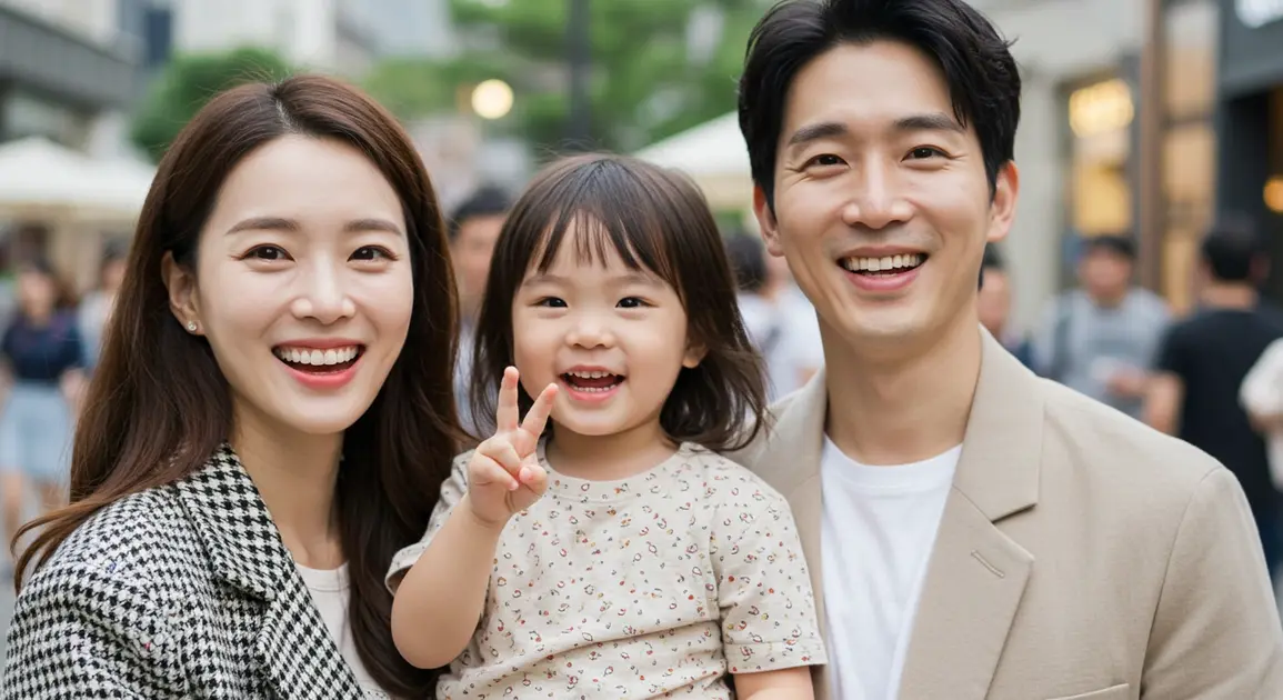 거리에서 한 가족이 밝게 웃고있는 모습