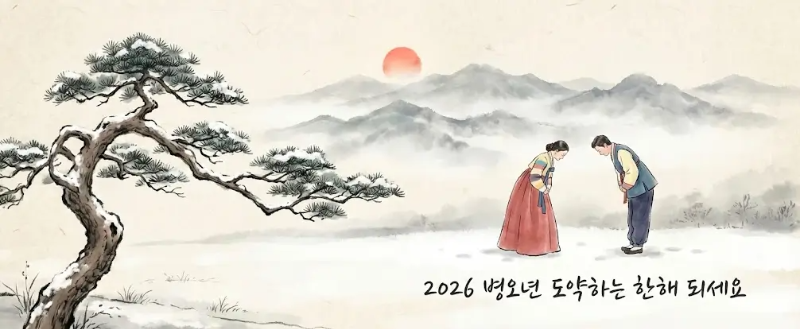 소나무 설산 한복 남녀 인사