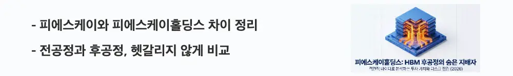 '피에스케이와 피에스케이홀딩스 차이 정리'라는 문구가 포함된 웹배너 이미지. 이 이미지는 전공정 자회사와 후공정 모회사의 사업 구조 차이를 시각적으로 전달하며, 블로그의 피에스케이홀딩스 사업 구조 주제와 관련된 내용을 설명함