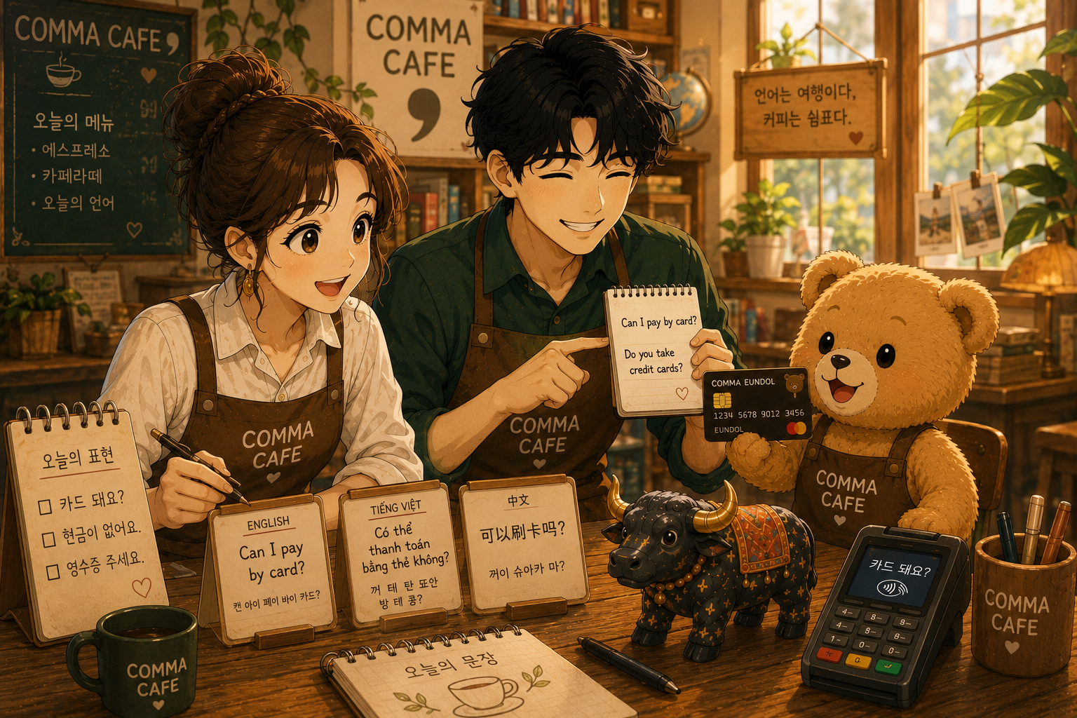 COMMA CAFE 테이블 위에 카드, 커피잔, 검은 뿔 소 장식품이 놓여 있고 쉼표와 푸름, 은돌이가 카드 결제 표현을 연습하는 따뜻한 장면