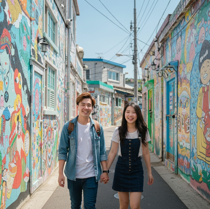 동피랑 벽화마을에서 연인이 행복해하는 이미지