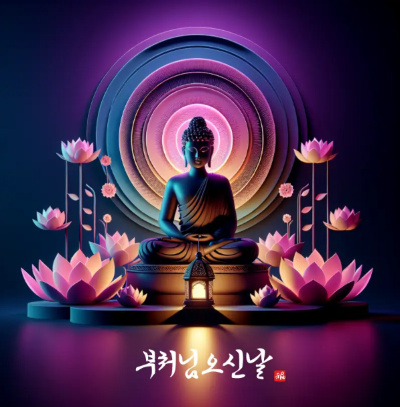 부처님오신날-연꽃-6송이-부처님-뒤-배경-보라색-남색