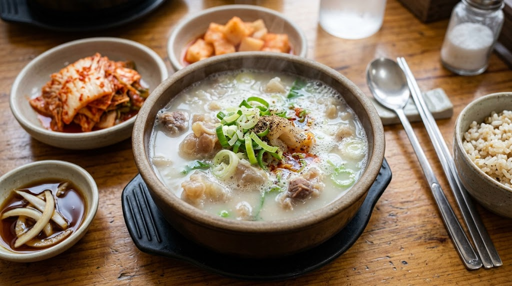 원목 테이블 위에 따뜻한 김이 피어오르는 도가니탕 한 그릇이 담겨 있습니다. 뚝배기 안에는 뽀얗고 진한 국물에 도가니 고기와 썰은 대파, 후춧가루가 올려져 있습니다. 뚝배기 주변에는 배추김치, 깍두기, 양파가 들어간 간장 양념장, 그리고 현미밥 한 공기와 숟가락, 젓가락이 정갈하게 차려져 있습니다.