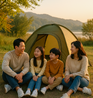 가평 자라섬에서 텐트치고 피크닉하는 가족