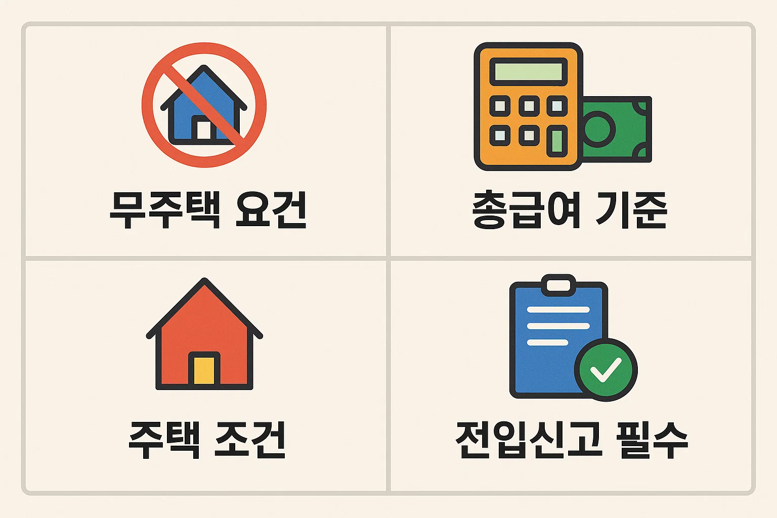 월세 세금혜택을 받기 위한 무주택 요건, 총급여 기준, 주택 조건, 전입신고 필수 여부 등 2025년 최신 공제 자격 요건을 시각적으로 정리한 인포그래픽입니다.